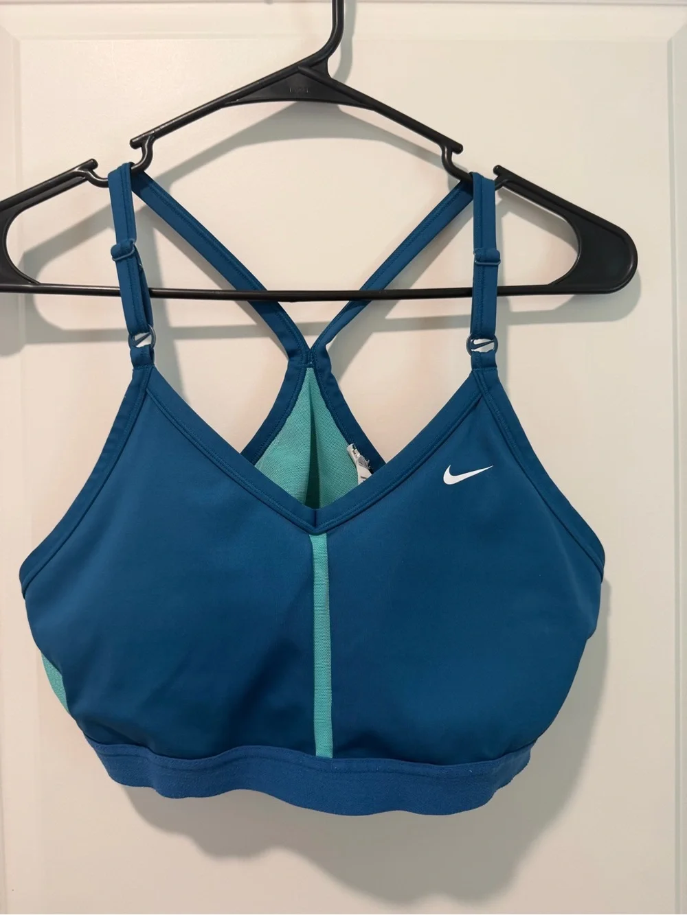 2 Nike Women’s Blue Sports Bra with Mint Accent & white Nike sports bra